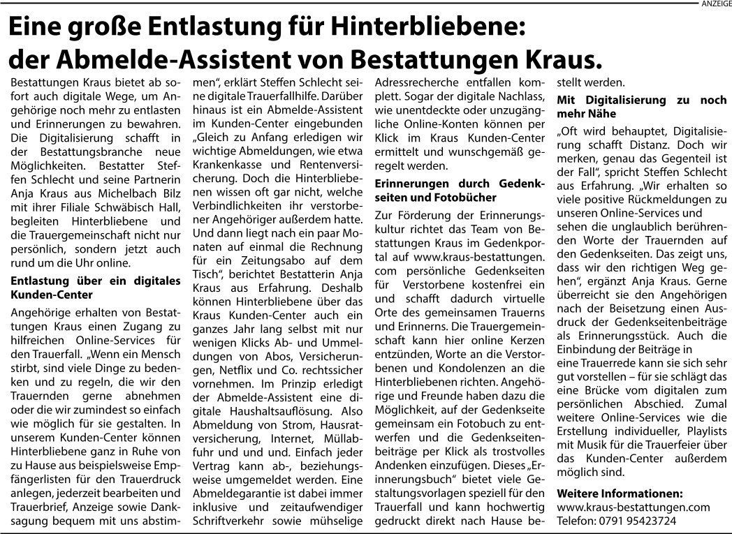 Zeitungsartikel von Kraus Bestattungen