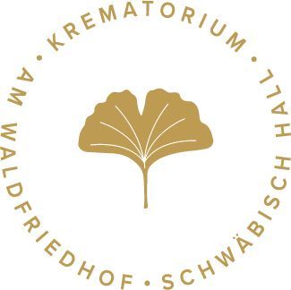 Ein Logo für ein Krematorium mit einem Ginkgoblatt in der Mitte.