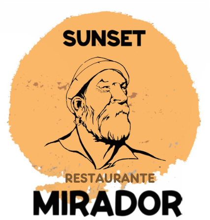 Un logotipo para el restaurante Sunset Mirador con un hombre con sombrero.