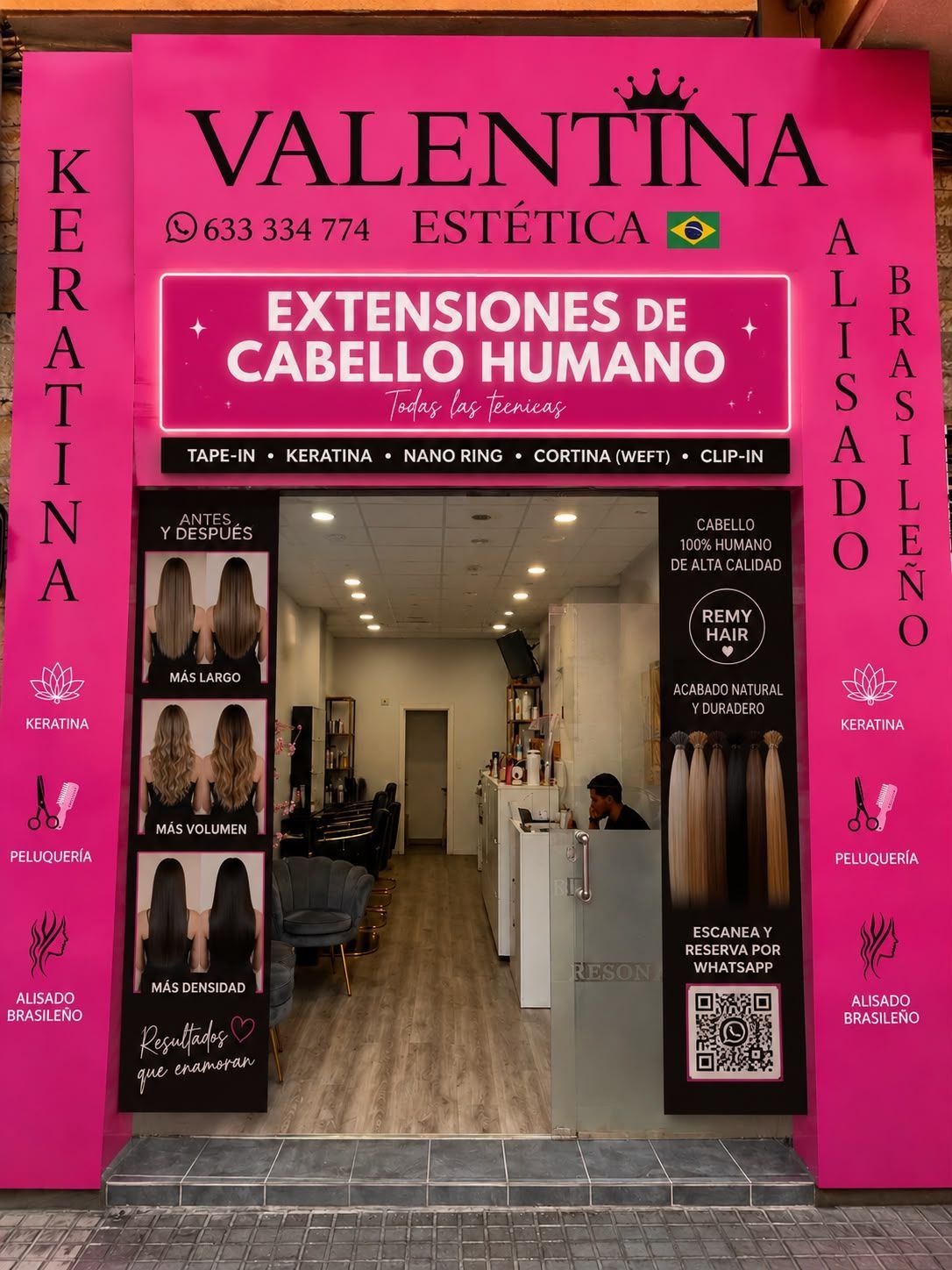 Servicio de alisado capilar antes y después en Valentina Estética. Incluye información de contacto.