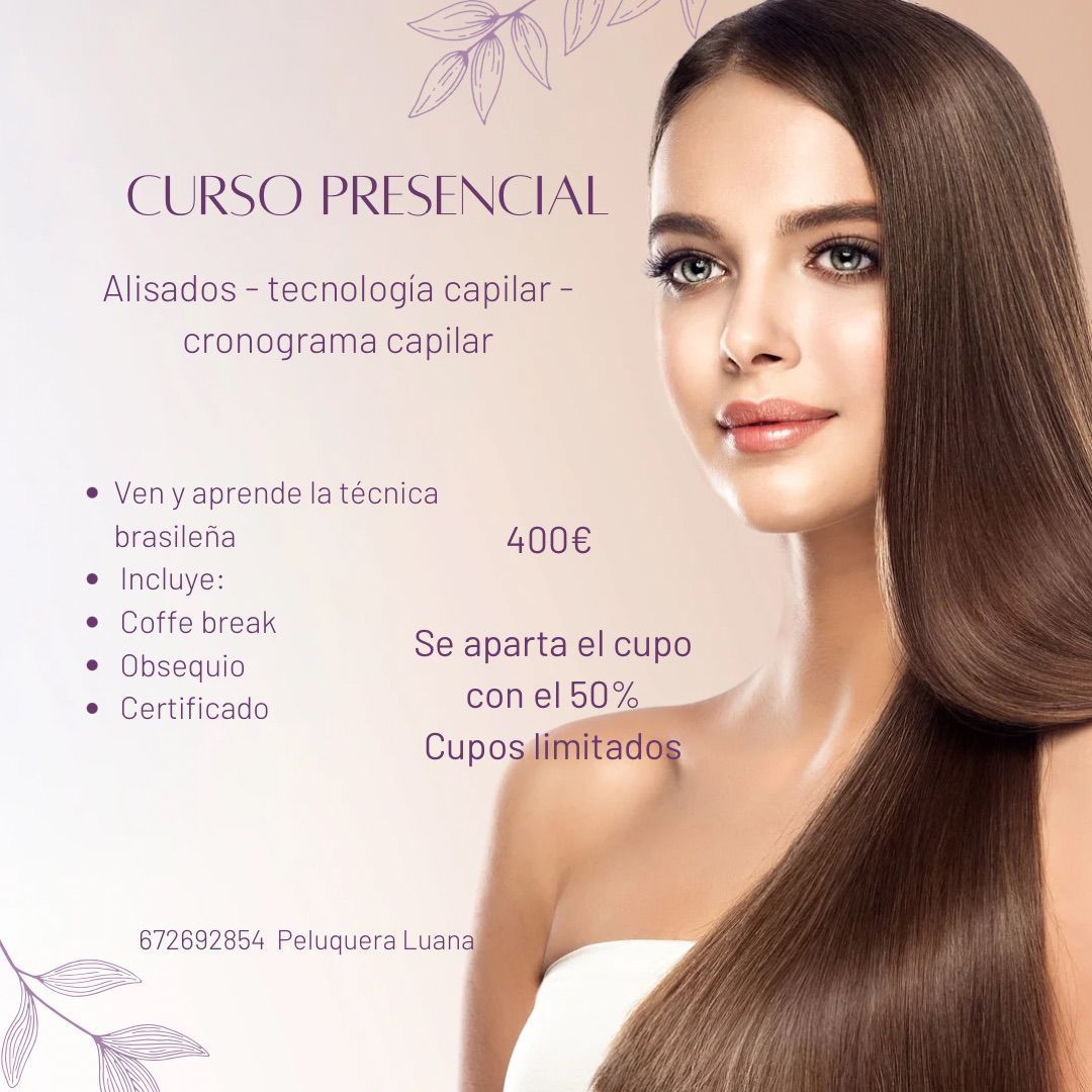 Cartel promocional de un curso de peluquería, con la imagen de una mujer de pelo largo, liso y castaño, y texto en español sobre descuentos.