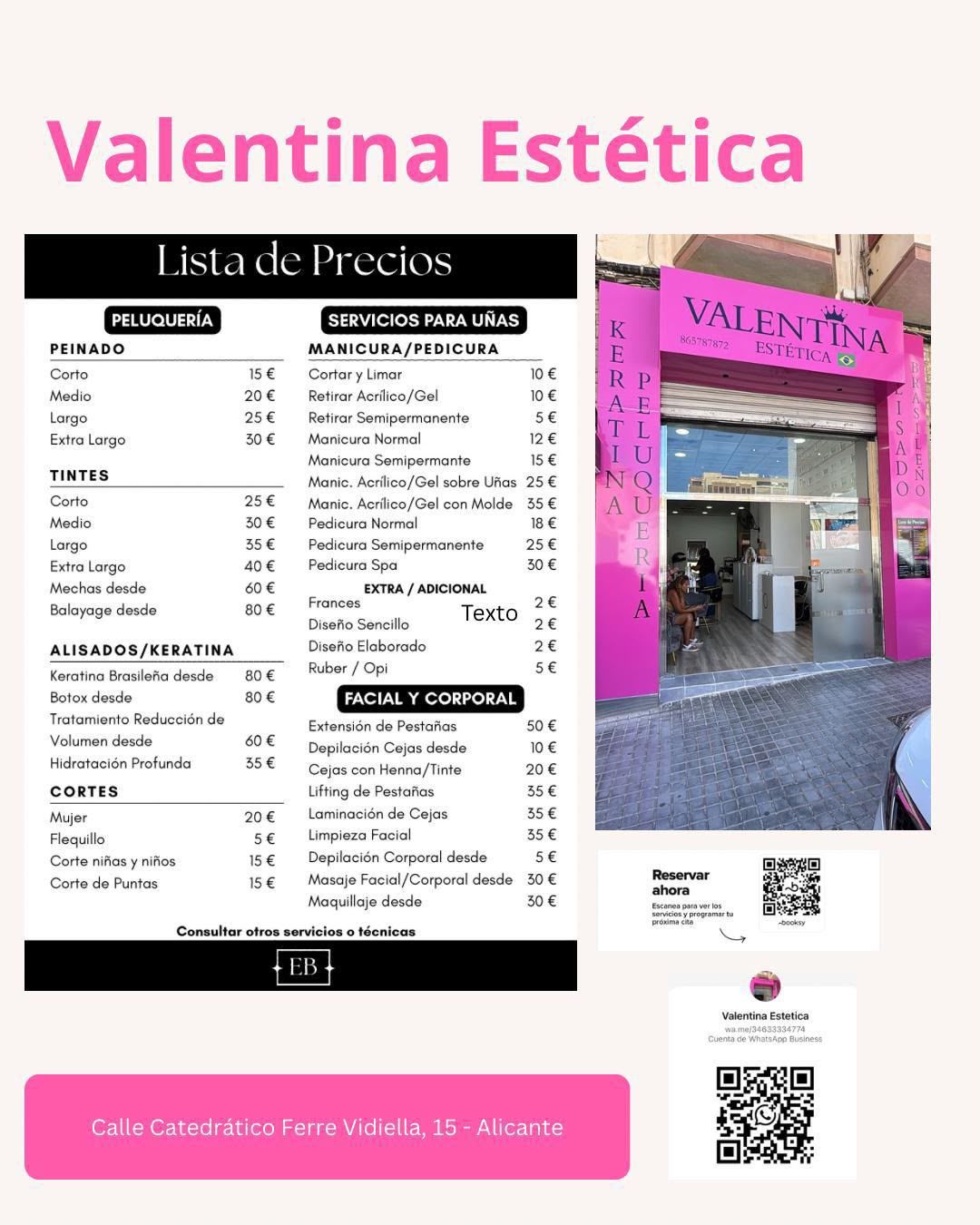 Lista de precios de salón de belleza con fondo morado y secciones de peluquería, servicios faciales y corporales.