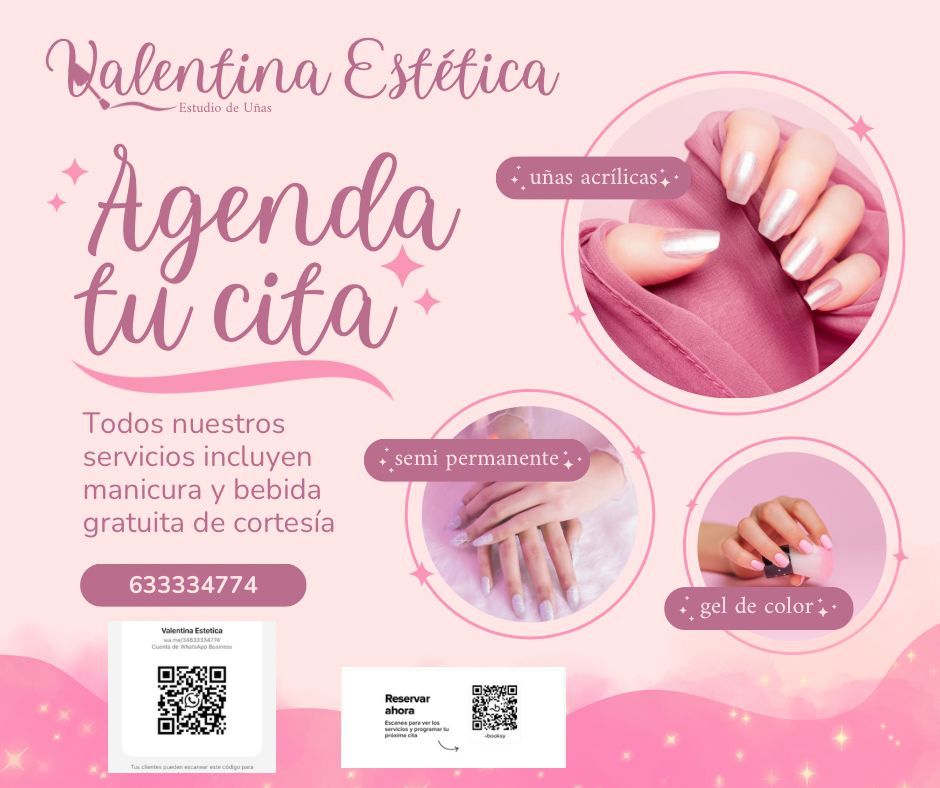 Promoción rosa de Valentina Estética: agenda tu cita para uñas, pestañas y gel de color.