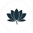 Ícono de flor de loto azul oscuro dentro de un círculo blanco.
