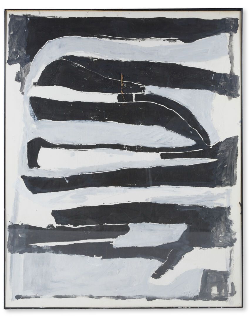 Peinture abstraite en noir et blanc avec des bandes horizontales.