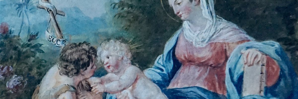 Peinture ancienne représentant une dame et des enfants.