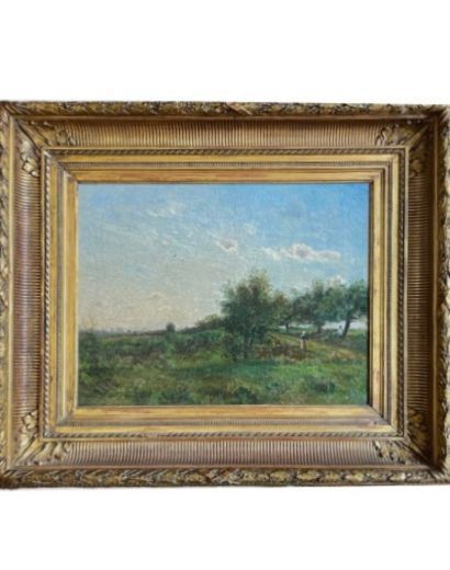 Toile représentant un paysage dans un cadre ancien.