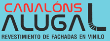Logotipo de CANALONS ALUGAL, con texto "REVESTIMIENTO DE FACADAS EN VINILO" sobre fondo azul.