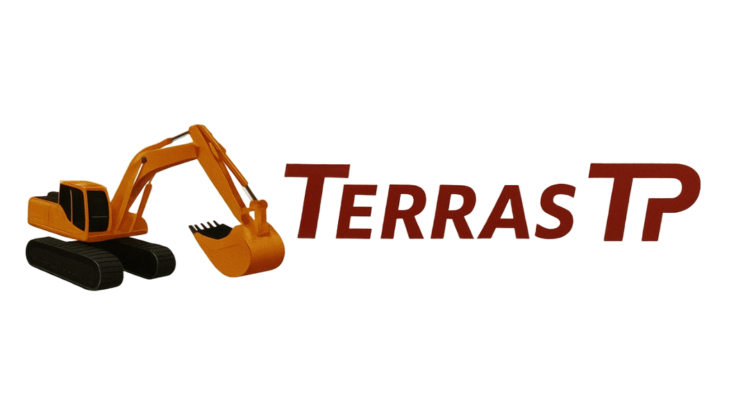 Accueil Une pelleteuse orange à côté du texte Terras TP en rouge.