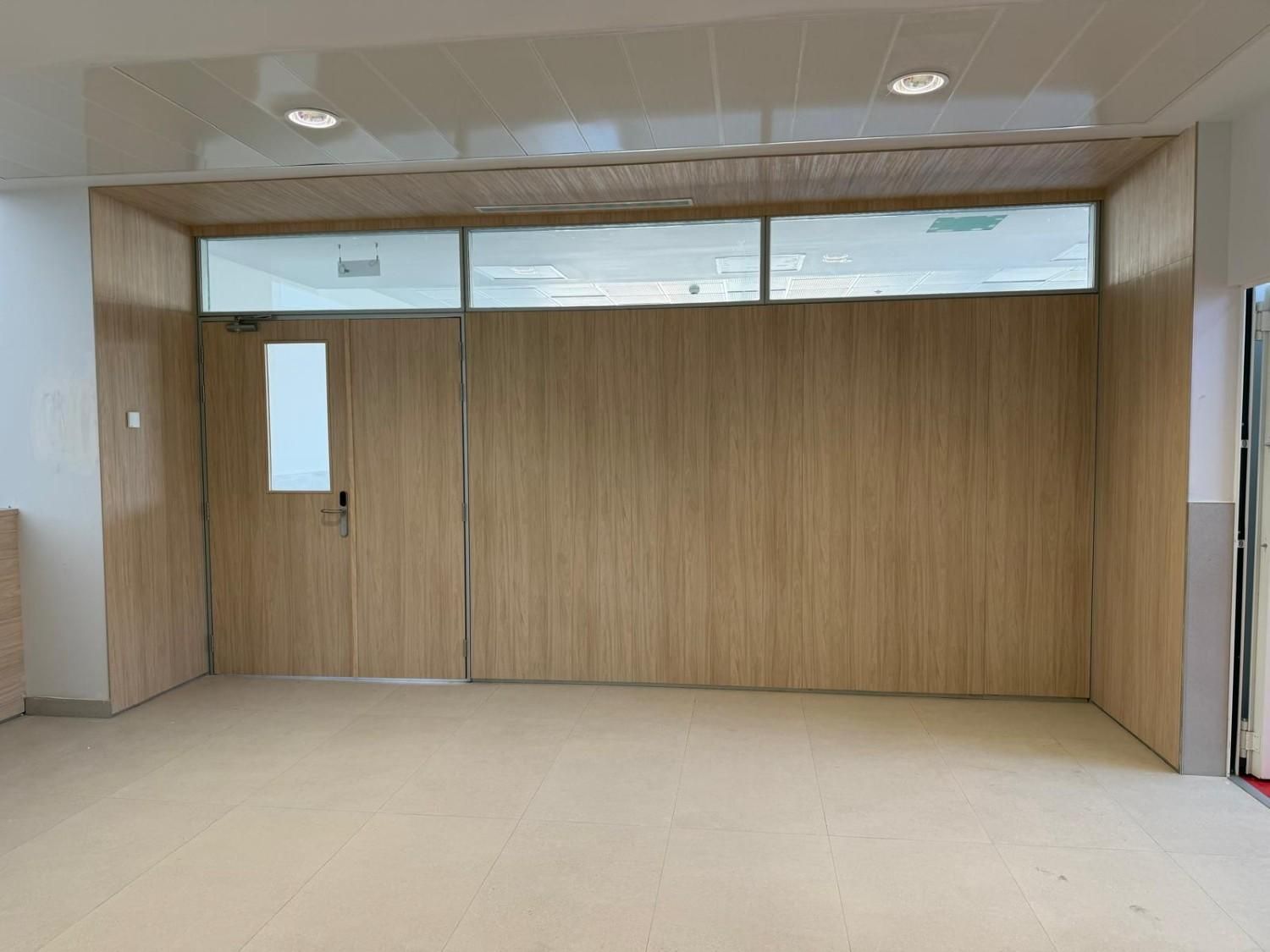 Pared de madera con puerta y panel de vidrio encima. Habitación interior con iluminación empotrada y suelo claro.