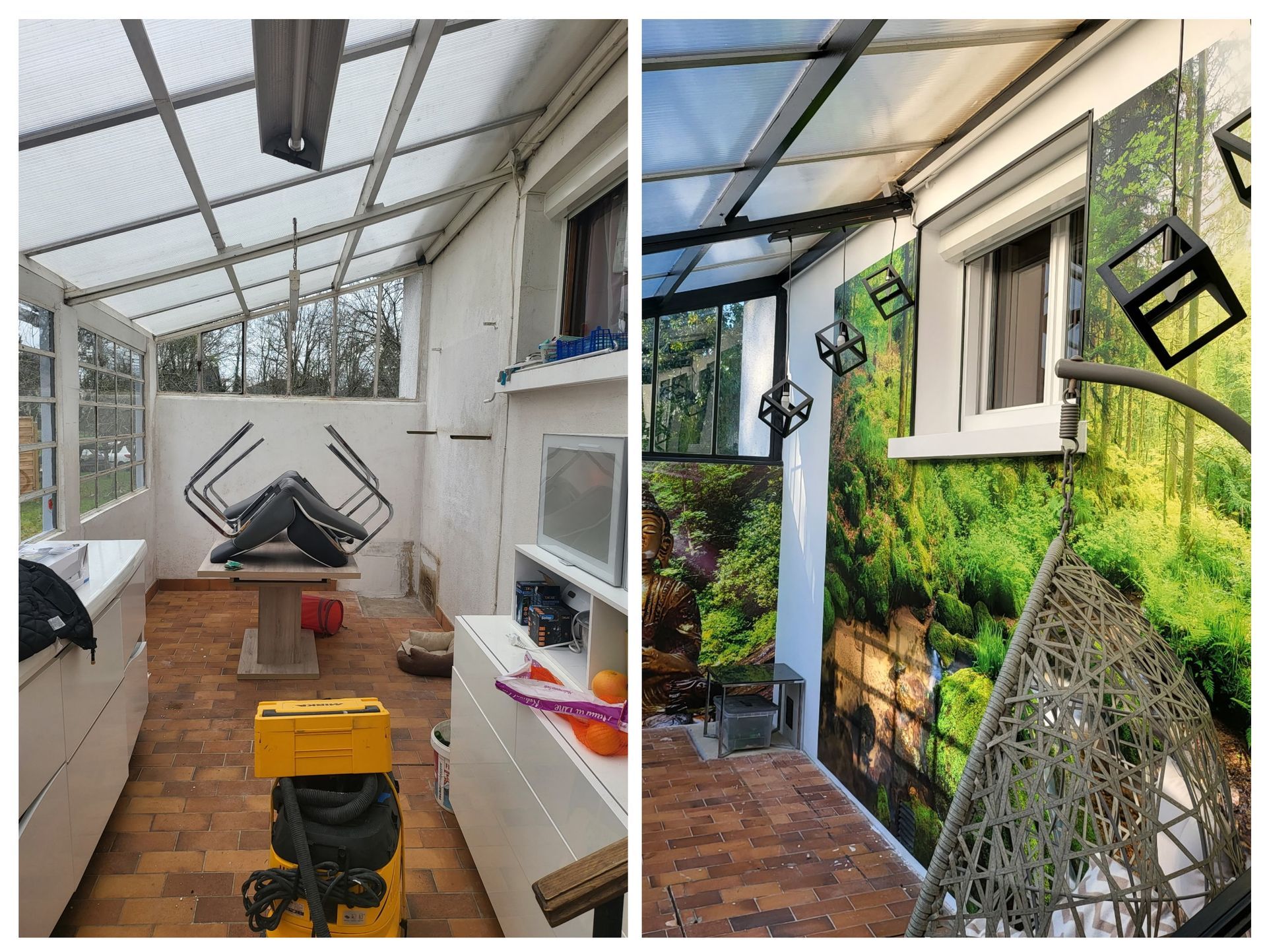 Avant et après transformation d'une véranda. À gauche : vide, sol en briques. À droite : décorée d'une fresque représentant un paysage.
