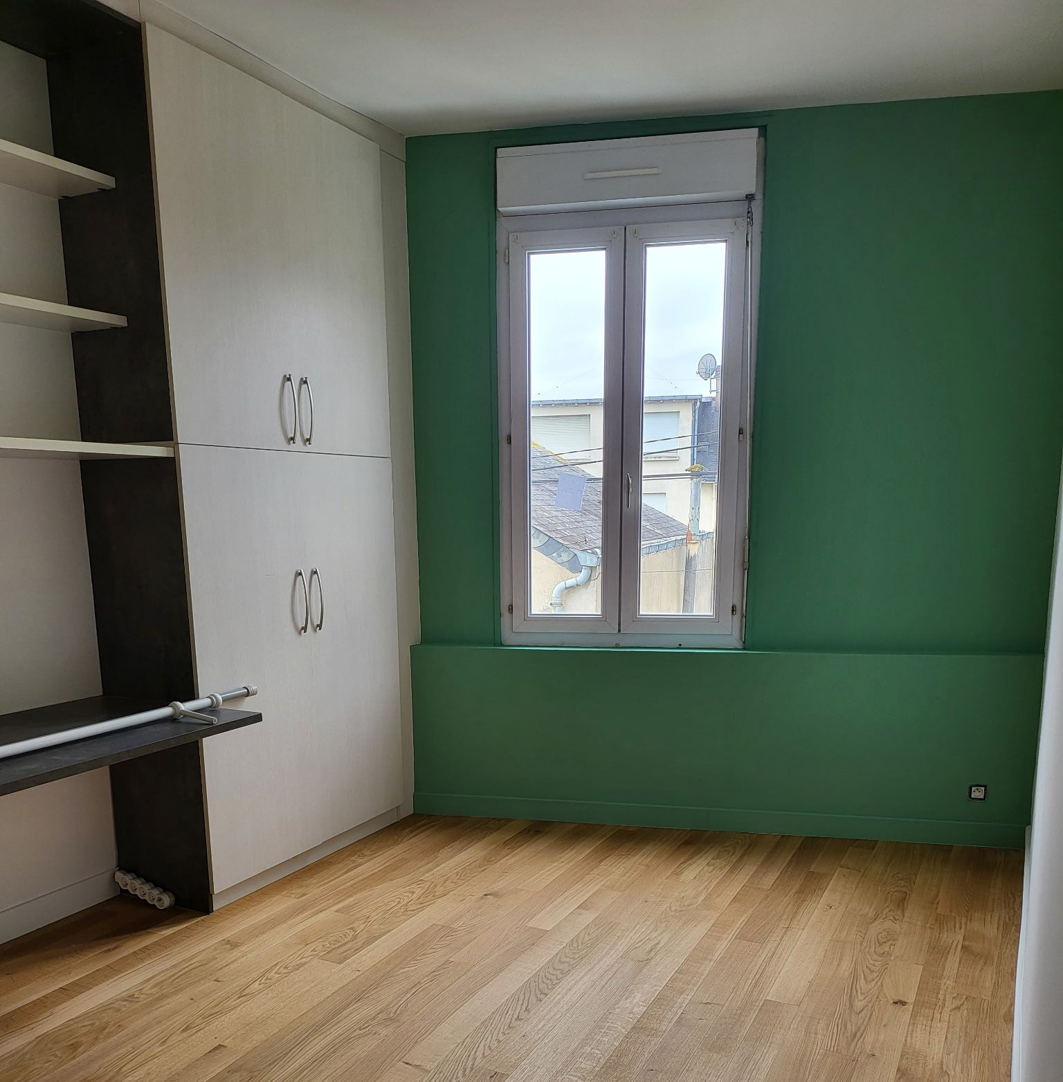 Pièce vide avec mur, fenêtre, placard intégré et parquet.