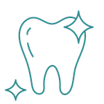 Un dibujo lineal de un diente con una estrella en él.
