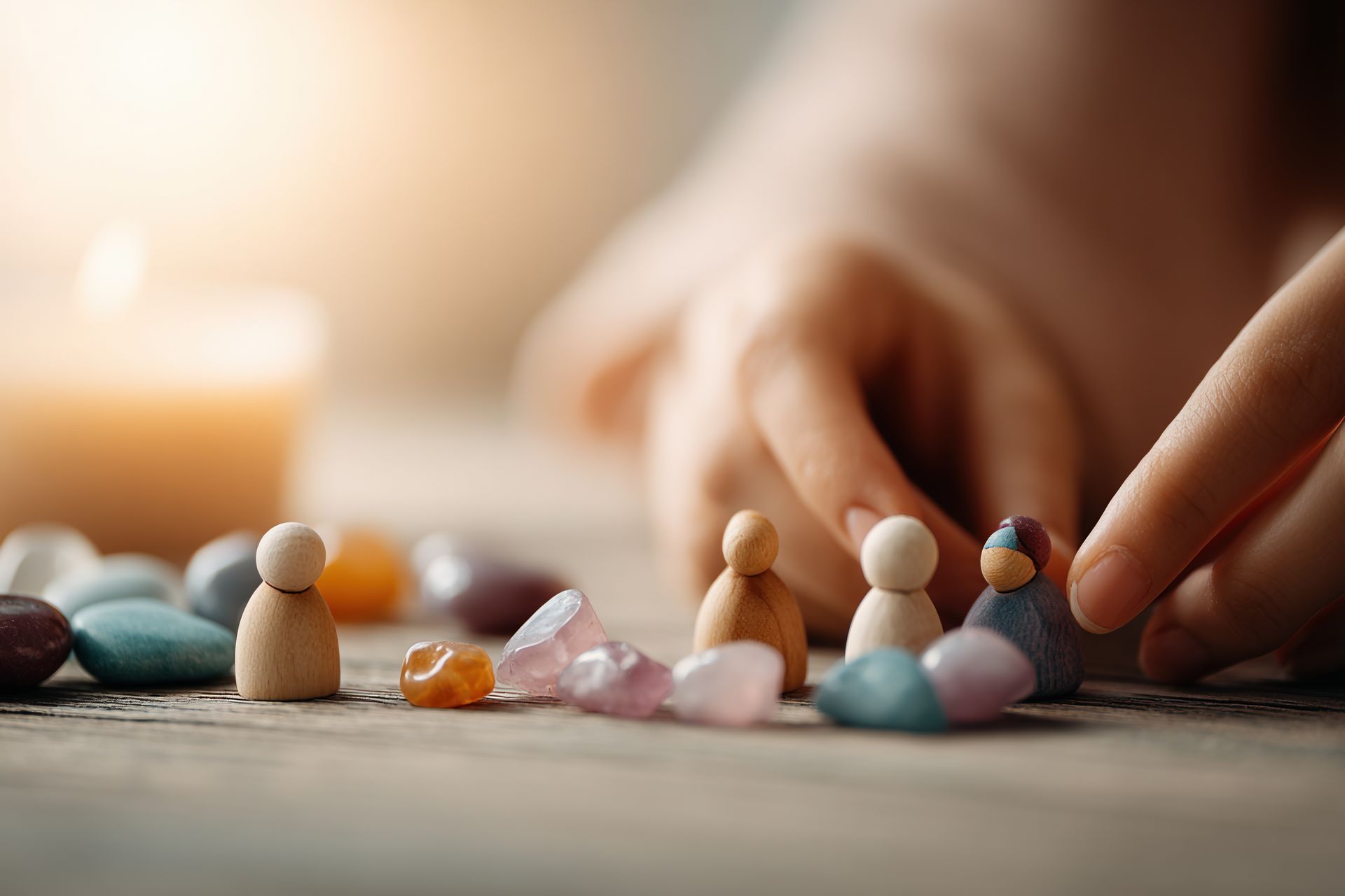 Des mains disposent de petites figurines en bois ornées de pierres colorées sur une surface en bois, à côté d'une bougie allumée.