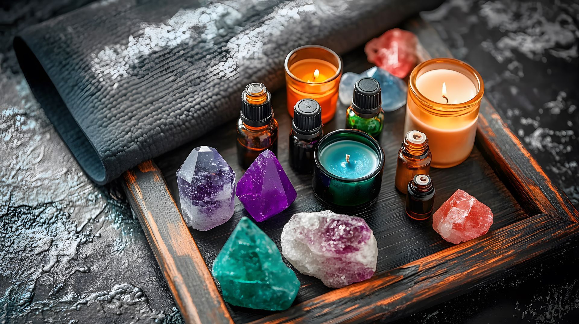 Plateau en bois avec des cristaux, des flacons d'huiles essentielles et des bougies allumées dans une ambiance sombre.