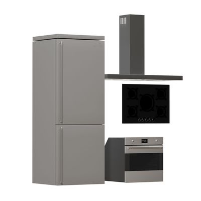 Elettrodomestici da cucina grigi: frigorifero, cappa, piano cottura e forno.