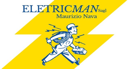 Personaggio dei cartoni animati che corre con gli attrezzi su un fulmine giallo, logo.