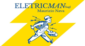 Logo. Elettricista che corre con gli attrezzi davanti a un fulmine giallo.