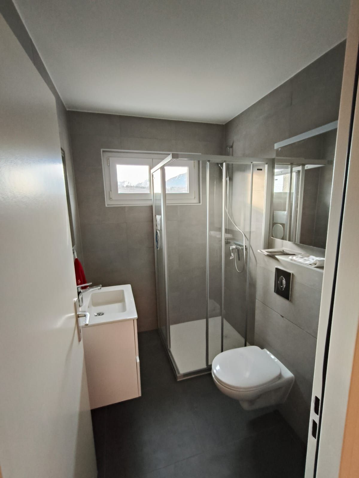 Petite salle de bains moderne avec douche, toilettes et lavabo, avec murs gris, plafond blanc et sol foncé.