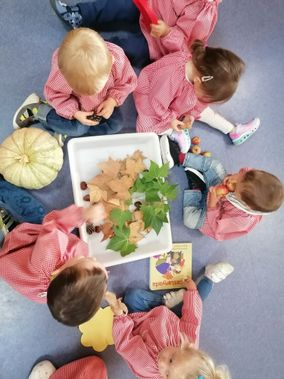 Un grupo de niños está sentado en el suelo jugando con hojas.