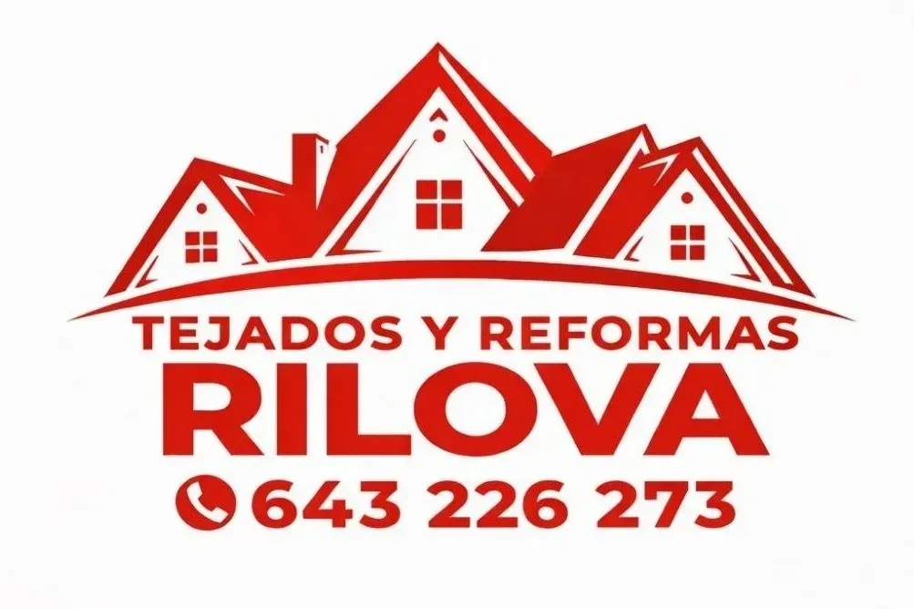 Logo rojo de &ldquo;Tejados y Reformas RILOVA&rdquo; con icono de tejados y n&uacute;mero de tel&eacute;fono 643 226 273