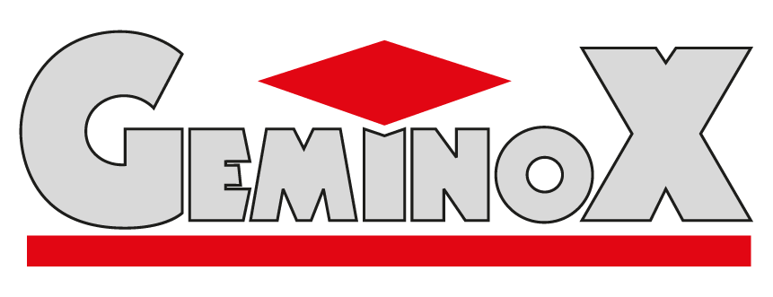 Logo GEMINOX en gris, avec un losange rouge au-dessus et un soulignement rouge