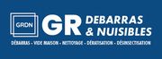 Logo de GR, Debarras & Nuisibles, avec &laquo;GRDN&raquo; inscrit dans un carr&eacute; sur fond bleu fonc&eacute;. Services list&eacute;s ci-dessous.