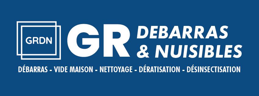 Logo pour « GR Débarras & Nuisibles » avec texte et services sur fond bleu.
