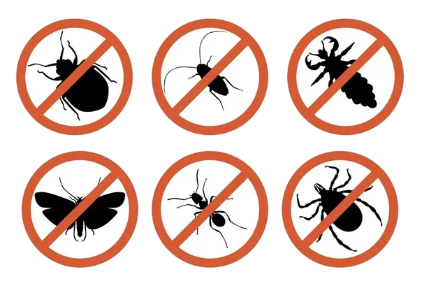 Six silhouettes d'insectes à l'intérieur de cercles rouges d'interdiction d'entrée, symbolisant la lutte antiparasitaire.