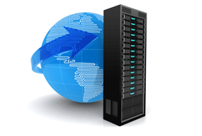 Image d'un serveur avec le globe terrestre derrière
