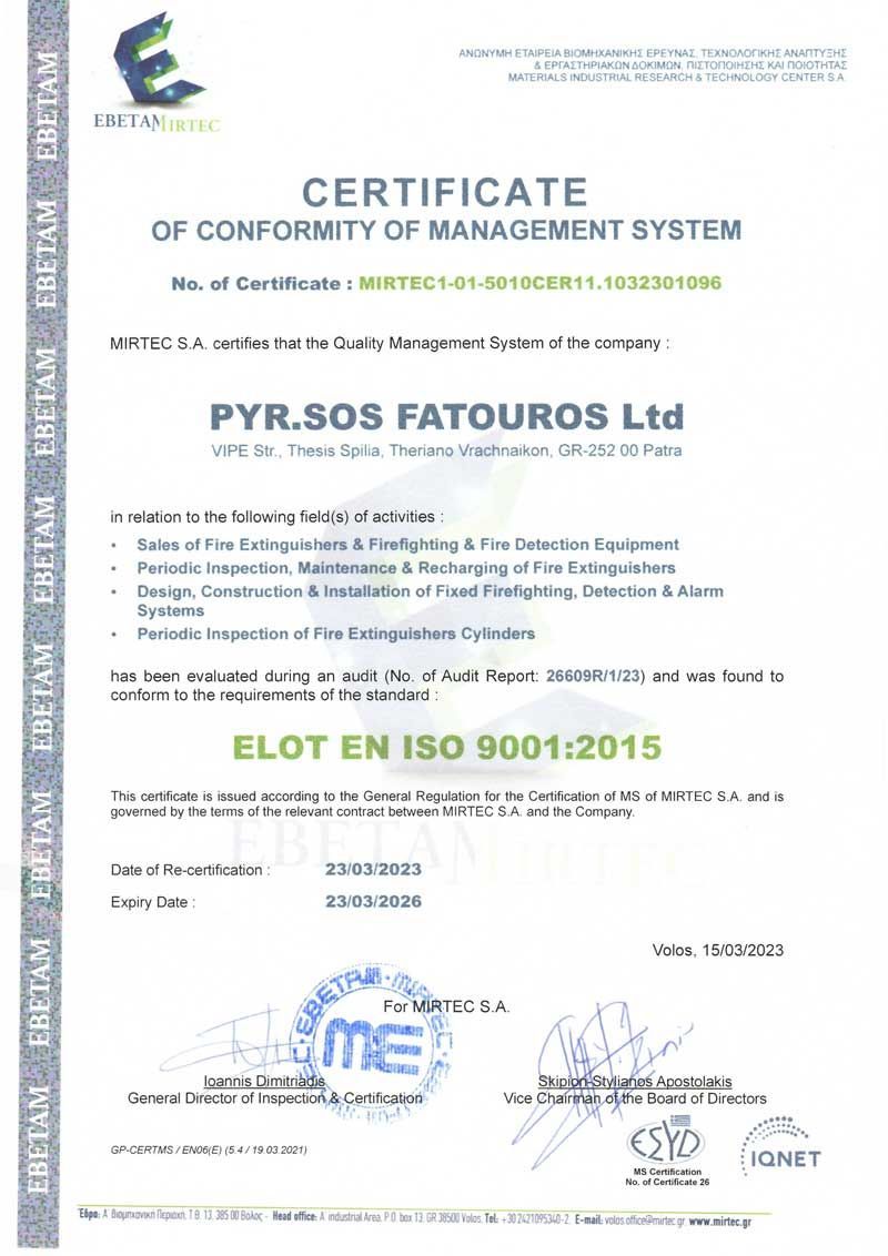 CERTIFICATE OF CONFORMITY OF MANAGEMENT SYSTEM - ELOT EN ISO 9001:2015