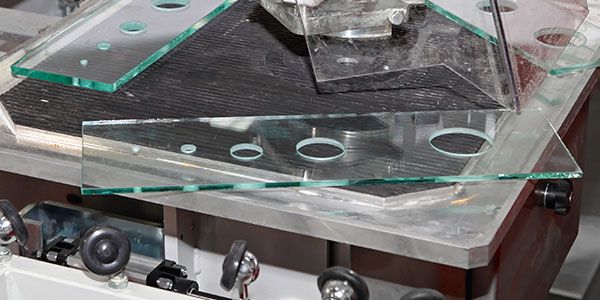 Plaque de verre rectangulaire percée de quatre trous de différents diamètres