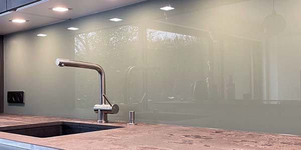 Crédence en verre posée au mur le long d'un long plan de travail de cuisine