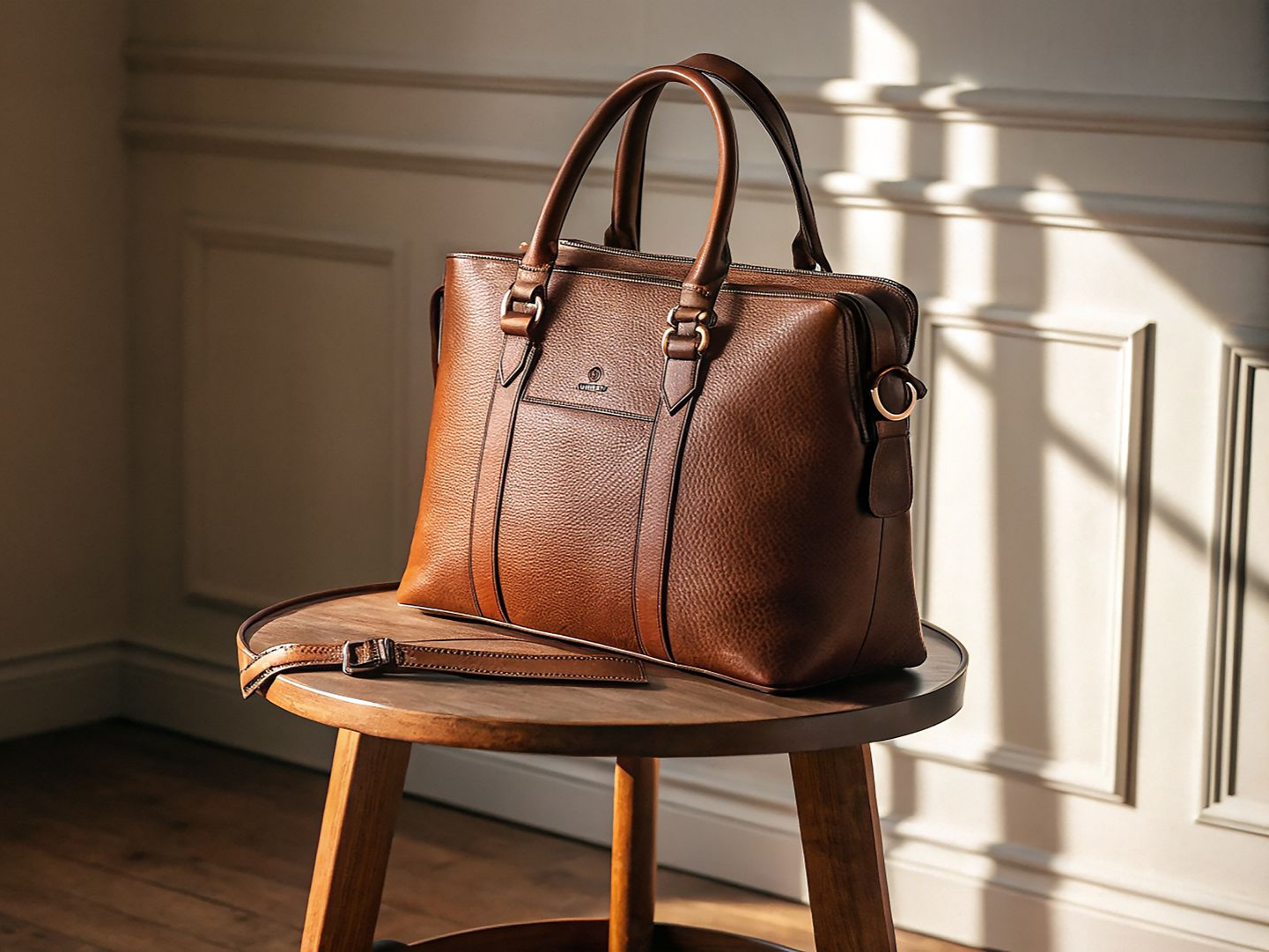 Sac à main en cuir marron avec poignées sur le dessus, posé sur un petit tabouret en bois dans une pièce.