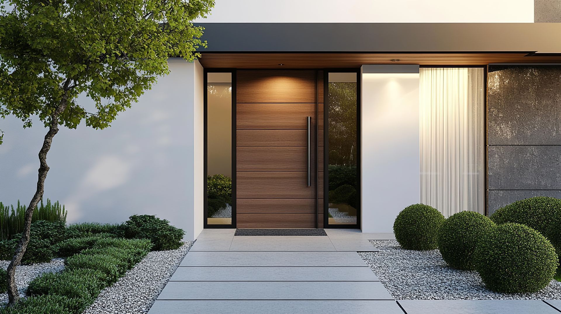 Une allée de jardin avec une porte d'entrée en bois