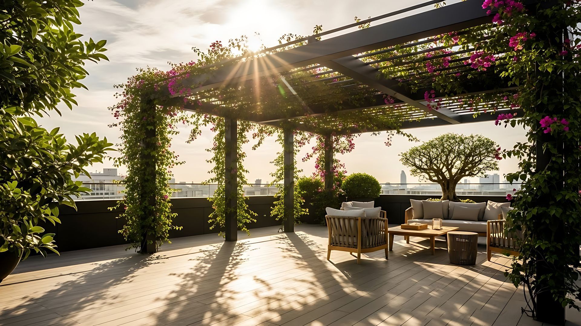 Pergola fleurie sur un rooftop d'Olivet