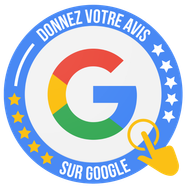Badge d'avis Google : « Donnez votre avis sur Google. » Inclut le logo Google, des étoiles et une main pointant.