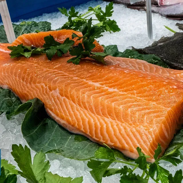 Un gran trozo de salmón reposa sobre el hielo.