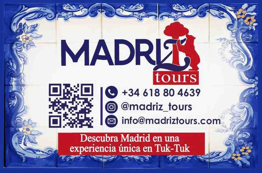 Cartel promocional de Madriz Tours con información de contacto, un código QR.