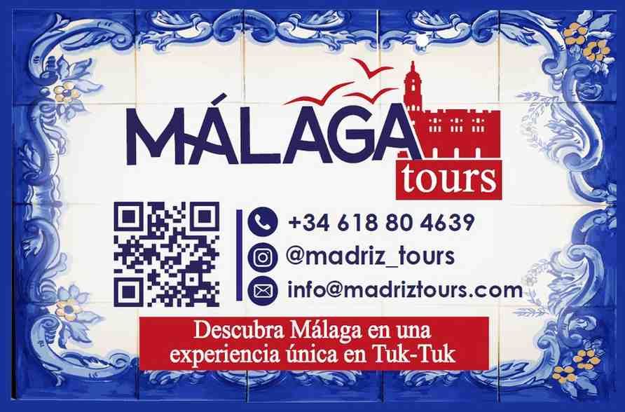 Cartel promocional de Málaga Tours con información de contacto, un código QR.