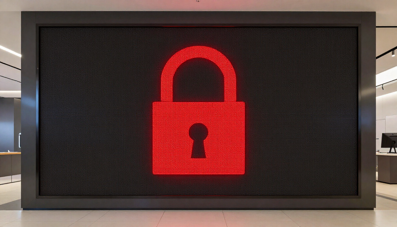 Icono de candado rojo iluminado en una pared de pantallas digitales oscuras