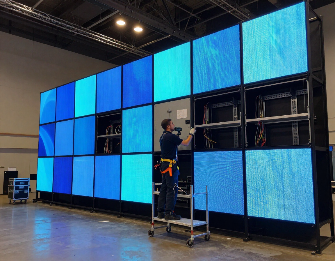Técnico subido a una escalera instalando grandes paneles LED azules en un recinto cubierto