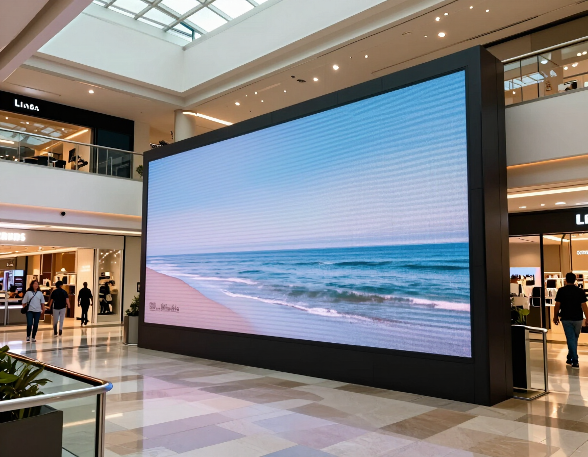 Gran pantalla digital que muestra una escena de playa en el atrio de un centro comercial