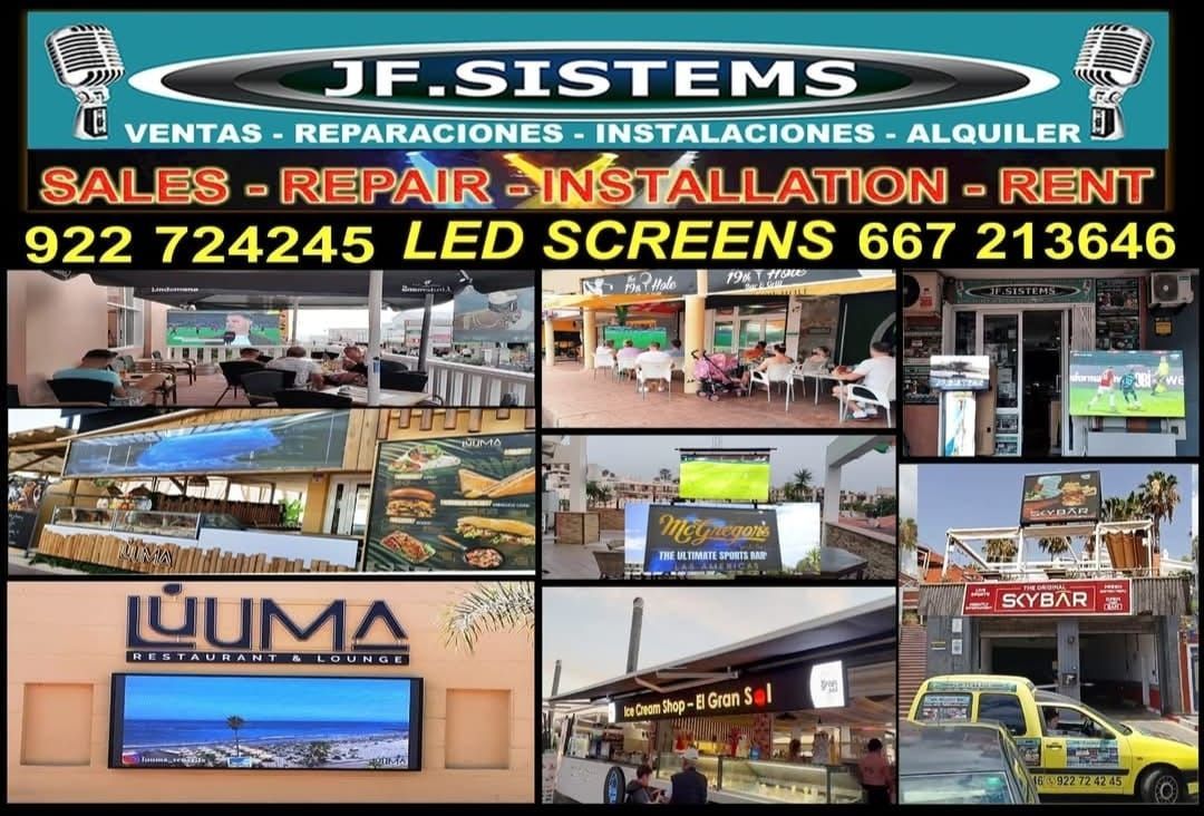 Banner publicitario de JF-SYSTEMS para la venta, reparación, instalación y alquiler de pantallas LED, con varias fotos de tiendas