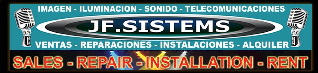 Banner azul y naranja para JF SISTEMAS: electrónica, telecomunicaciones, ventas, reparaciones, instalaciones y alquileres.