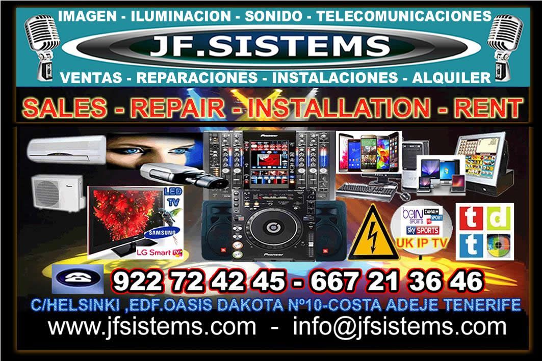 Anuncio de reparación y alquiler de equipos electrónicos de JFSISTEMS, con altavoces, equipo de DJ, números de teléfono y sitio web sobre un fondo verde azulado