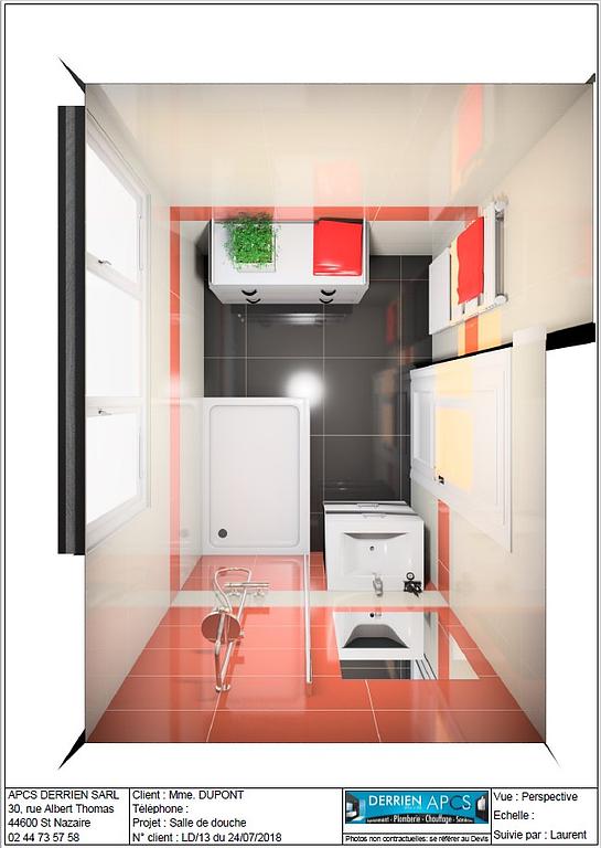 Petite salle de bains moderne avec meubles blancs et rouges, lavabo, toilettes et cabine de douche.