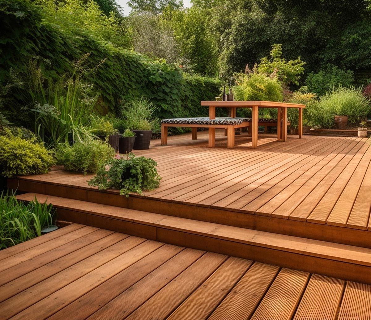 Salon de jardin sur une terrasse en bois