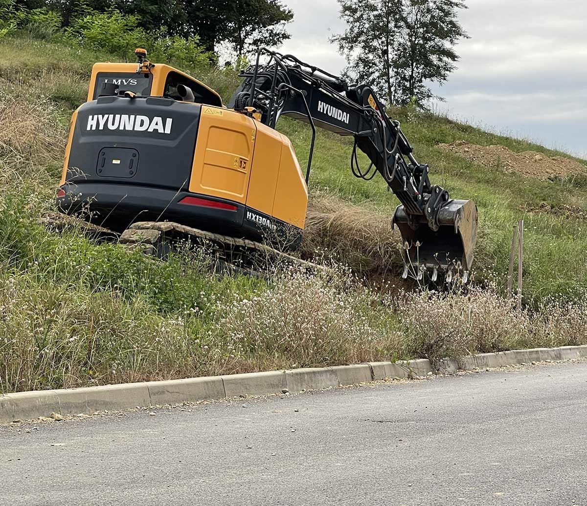 Pelleteuse sur un terrain herbeux situé en bordure d'une route