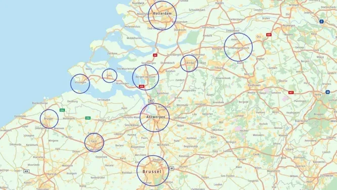Kaart van België met blauwe cirkels die de steden aangeven.